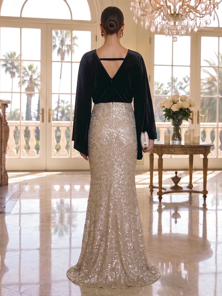 Trumpet/Mermaid V-Neck Velvet Evening Dresses Floor-Length Long Sleeves Formal Dresses Sequins