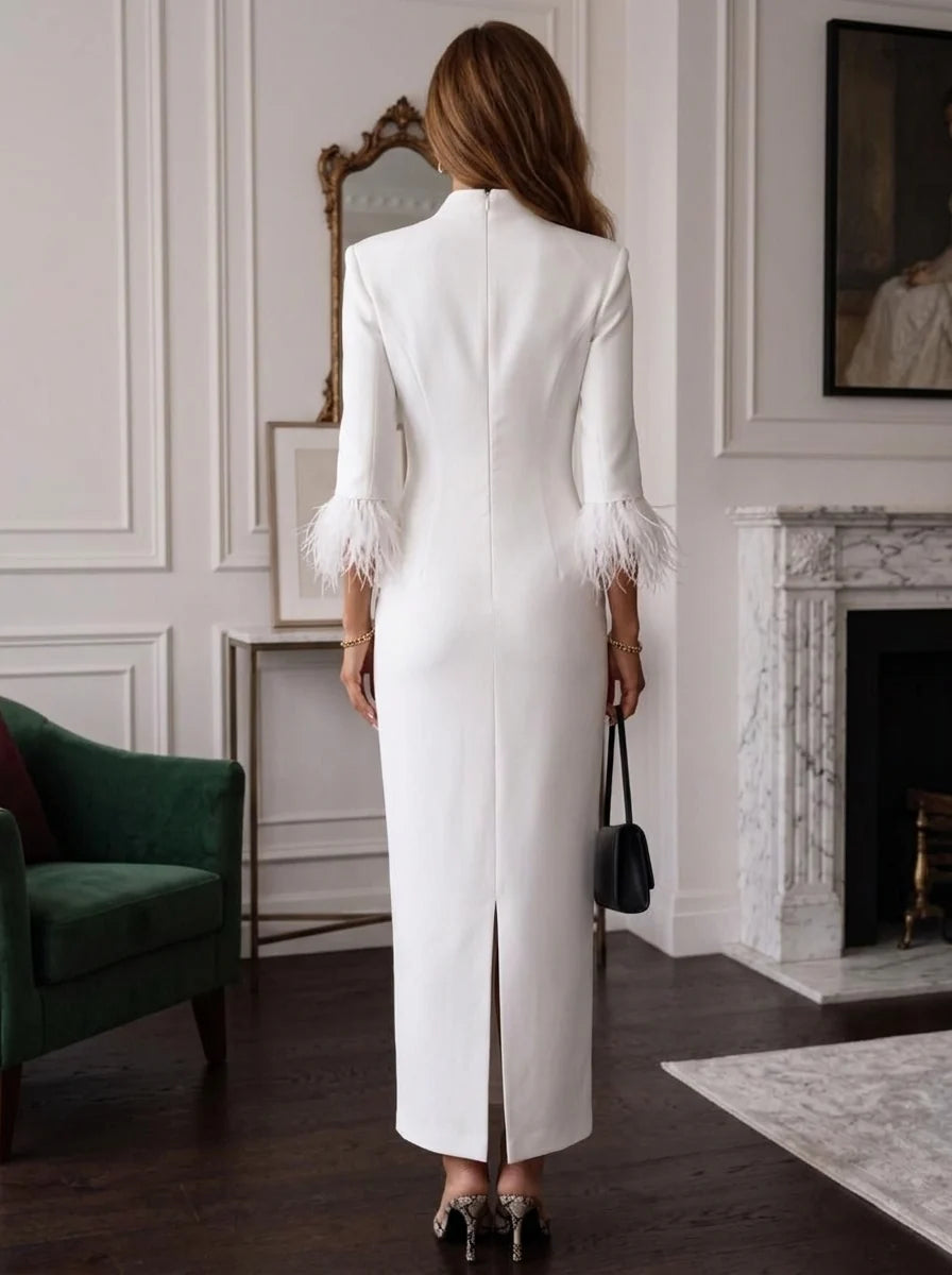 Sheath/Column V-Neck Stretch Satin Formal Dresses with Feathers Ankle-Length 3/4 Sleeves Evening Dresses