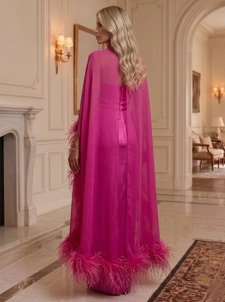 Sheath/Column Mock Neck Silk Satin Formal Dresses with Cape Chiffon Feathers Floor-Length Evening Dresses