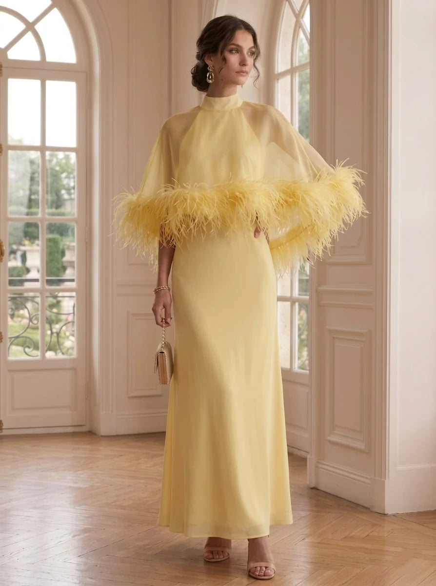 Sheath/Column Mock Neck Chiffon Formal Dresses with Feathers Ankle-Length Cape Sleeves Evening Dresses