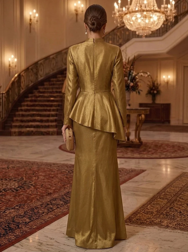 Sheath/Column Mock Neck Taffeta Evening Dresses with Split Side Long Sleeves Floor-Length Ruffles Formal Dresses