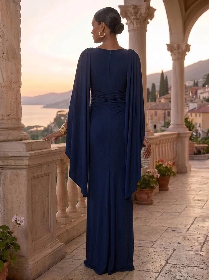 Sheath/Column Boat Neck Spandex Evening Dresses Floor-Length Ruched Cape Sleeves Formal Dresses