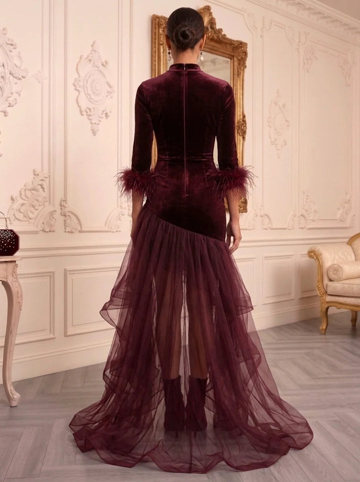 Sheath/Column Mock Neck Velvet Evening Dresses with Feathers 3/4 Sleeves Asymmetrical Floor-Length Organza Formal Dresses