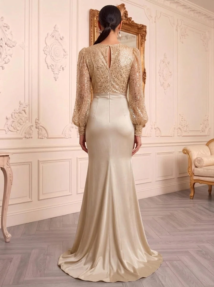 Trumpet/Mermaid V-Neck Silk Satin Evening Dresses Floor-Length Sequins Long Sleeves Ruched Formal Dresses