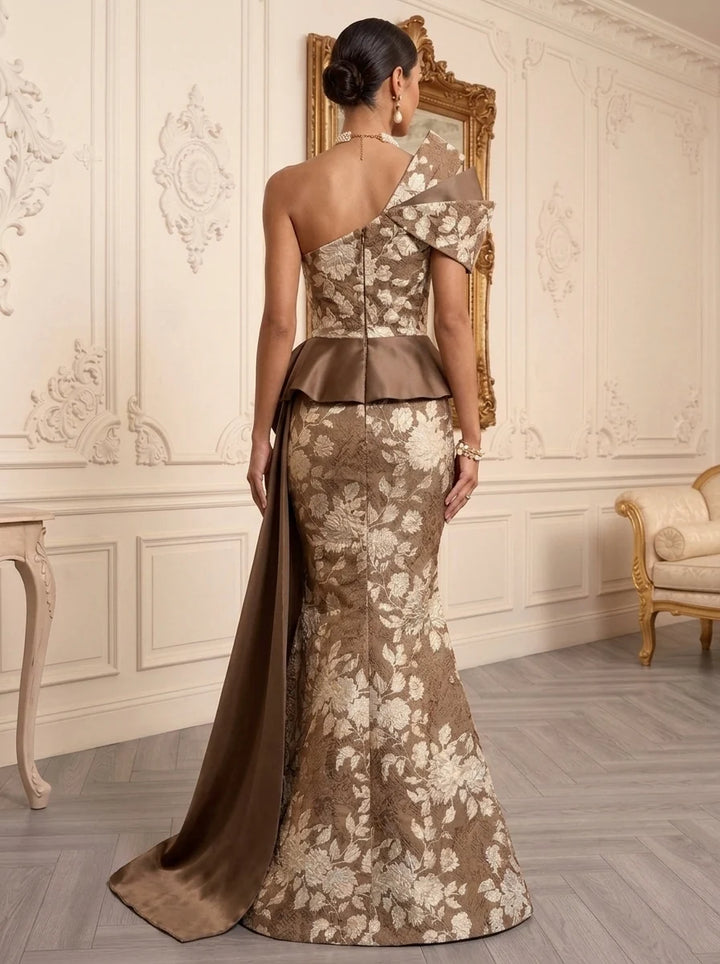 Trumpet/Mermaid One-Shoulder Jacquard Evening Dresses with Watteau Train Floral Floor-Length Sleeveless Formal Dresses