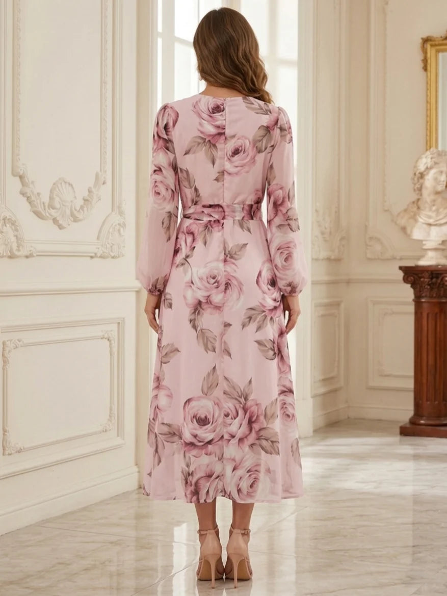 A-Line/Princess V-Neck Chiffon Floral Wedding Guest Dresses Tea-Length Long Sleeves with Belt