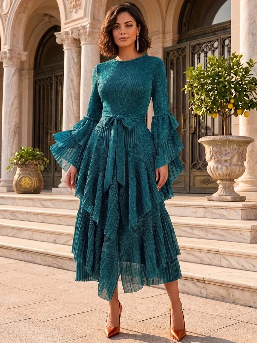 A-Line/Princess Scoop Metallic Wedding Guest Dresses Tea-Length Long Sleeves Bowknot