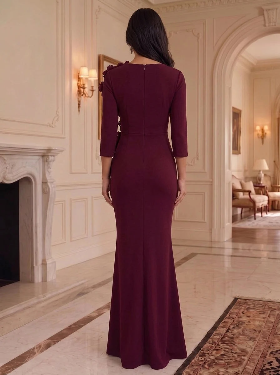 Sheath/Column Asymmetrical Neck Stretch Satin Formal Dresses with 3D Flowers Floor-Length Ruffles 3/4 Sleeves Evening Dresses