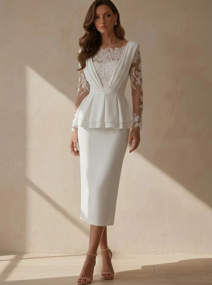 Sheath/Column Boat Neck Stretch Satin Cocktail Dresses Tea-Length Lace Floral Long Sleeves Little White Dresses Party Dresses