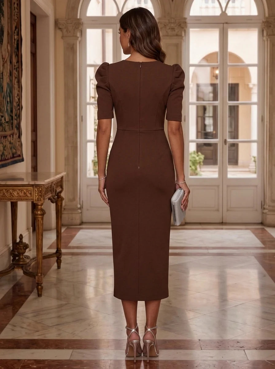 Sheath/Column Scoop Stretch Satin Cocktail Dresses with 3D Flower Short Sleeves Tea-Length Ruched Party Dresses