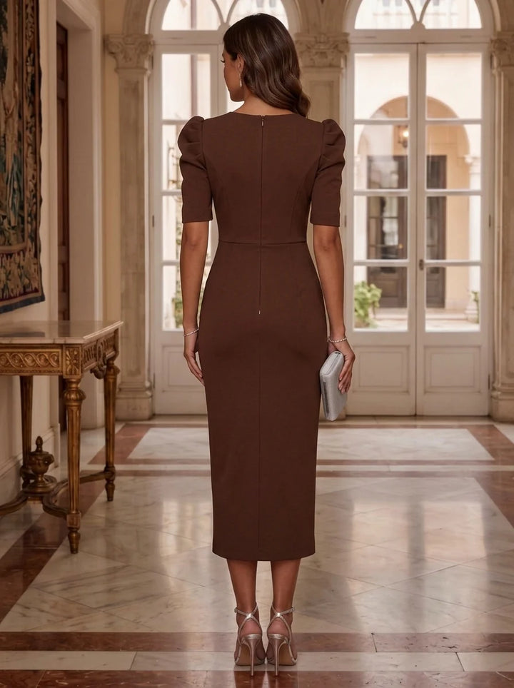 Sheath/Column Scoop Stretch Satin Cocktail Dresses with 3D Flower Short Sleeves Tea-Length Ruched Party Dresses