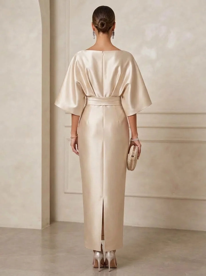 Sheath/Column Boat Neck Satin Cocktail Dresses with Sash Half Sleeves Ankle-Length Ruched Party Dresses