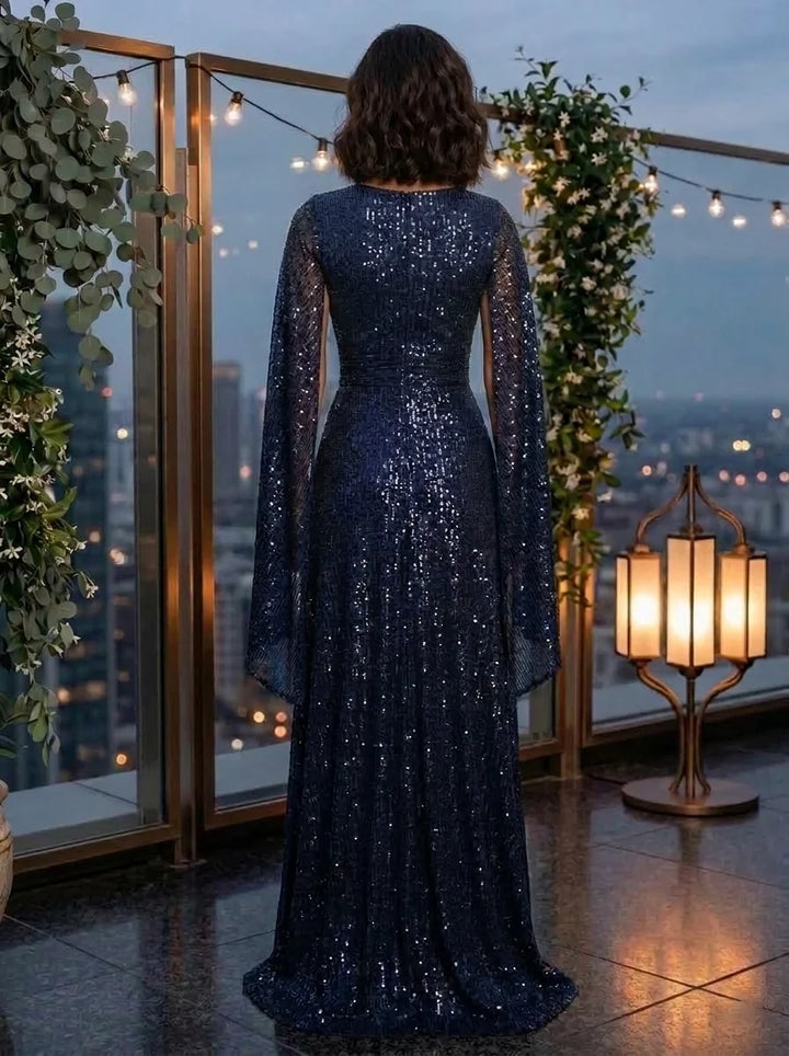 A-Line/Princess V-Neck Sequins Evening Dresses Floor-Length Cape Sleeves Formal Dresses