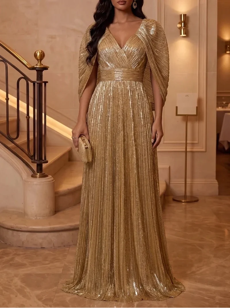 A-Line/Princess V-Neck Sequins Evening Dresses Floor-Length Cape Sleeves  Formal Dresses