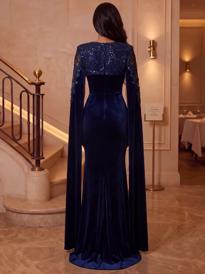 Trumpet/Mermaid V-Neck Velvet Evening Dresses Floor-Length Long Sleeves Formal Dresses Sequins