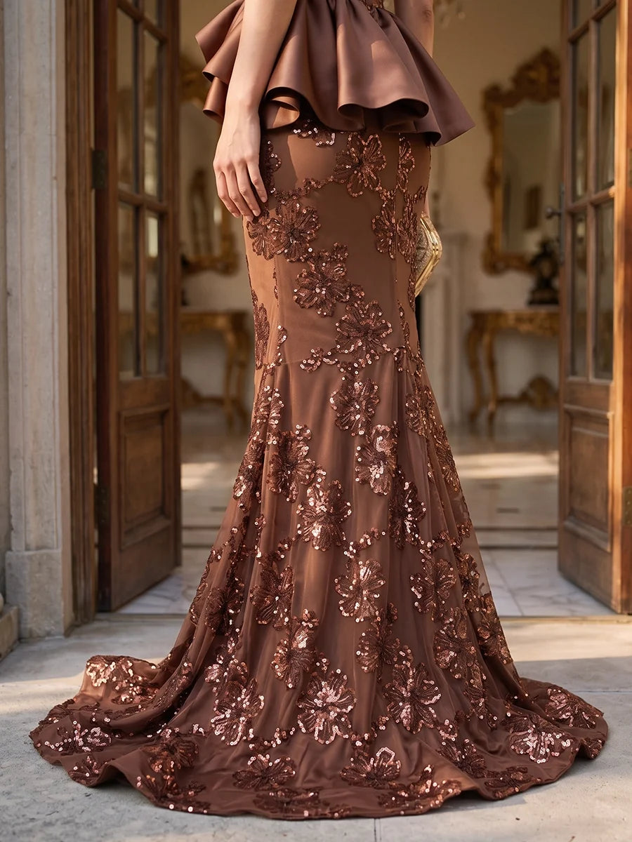 Trumpet/Mermaid Strapless Sequins Evening Dresses Floor-Length Sleeveless With Peplum Formal Dresses