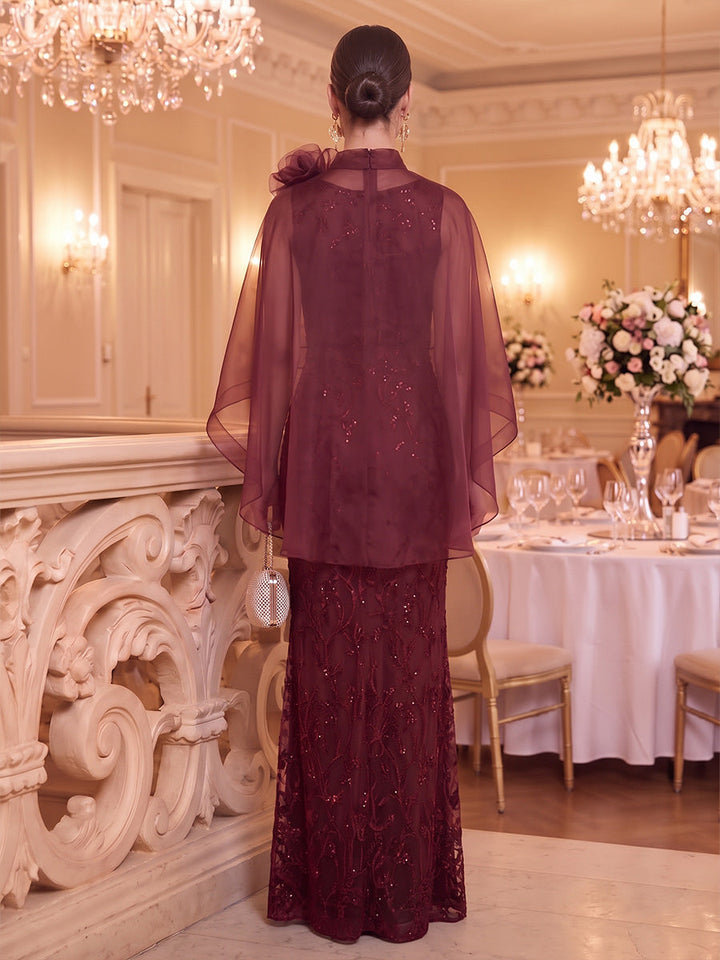 Sheath/Column Halter Sequins Evening Dresses Floor-Length Cape Sleeves With 3D Flower Formal Dresses