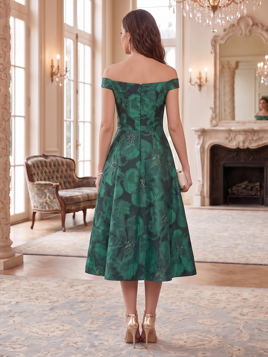 A-Line/Princess Off-the-Shoulder Printed Satin Cocktail Dresses Sleeveless Floral Tea-Length Party Dresses