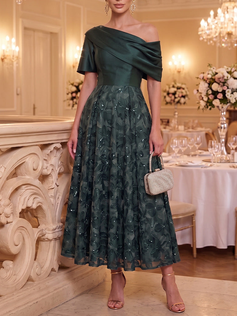 A-Line/Princess One-Shoulder Satin Mother of the Bride Dresses Short Sleeves Floral Tea-Length