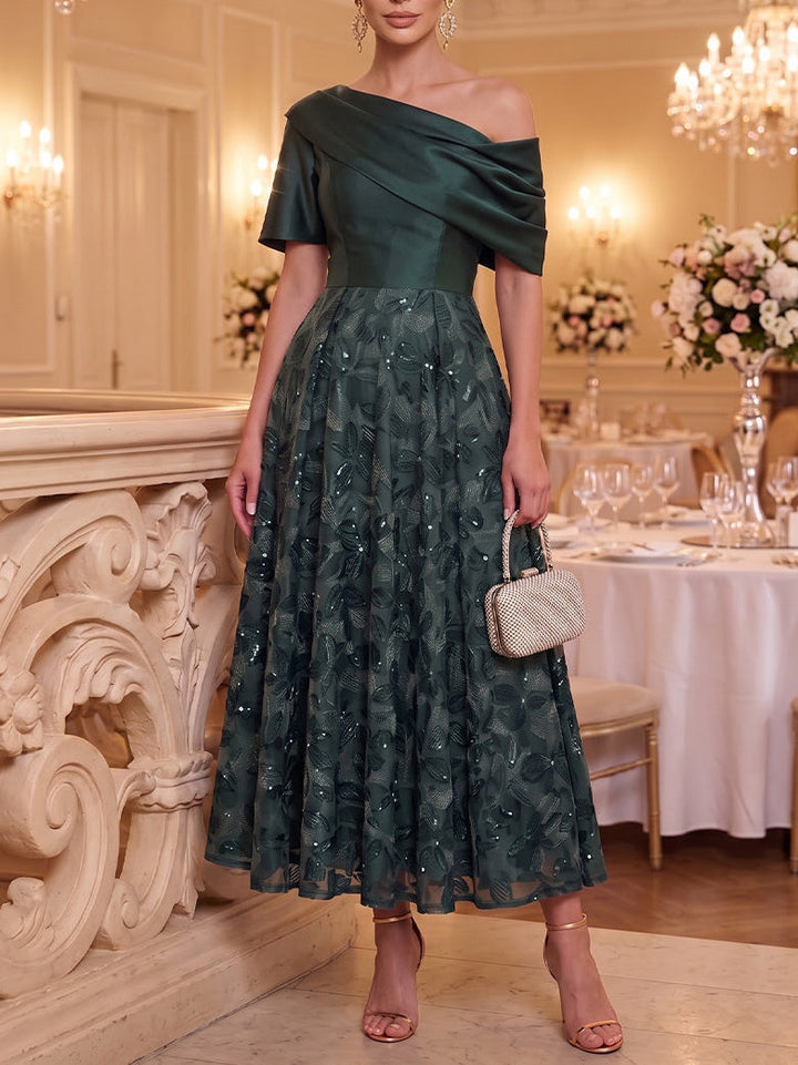A-Line/Princess One-Shoulder Satin Mother of the Bride Dresses Short Sleeves Floral Tea-Length
