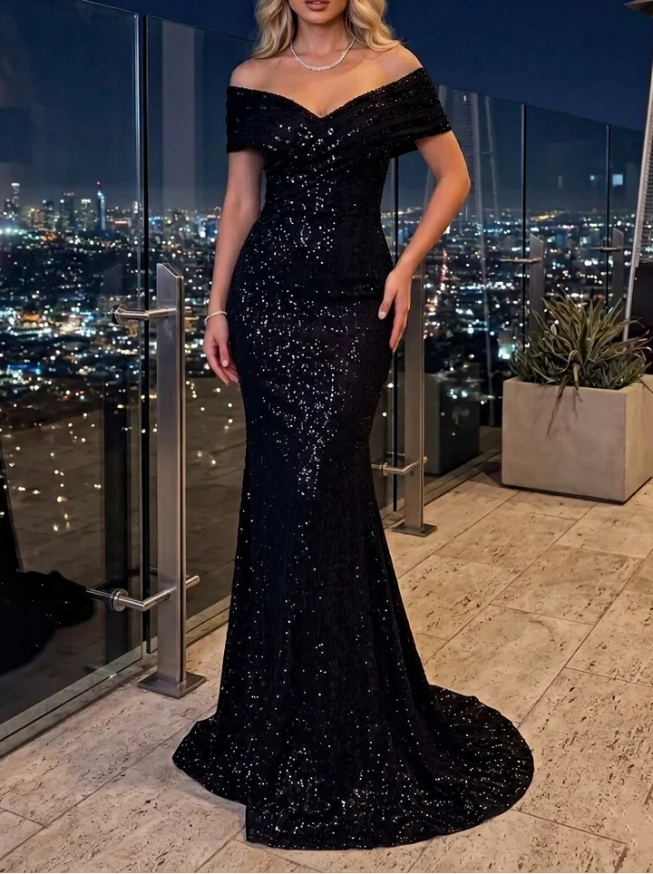 Trumpet/Mermaid Off-the-Shoulder Sequins Evening Dresses Floor-Length Sleeveless With Sweep Train Formal Dresses