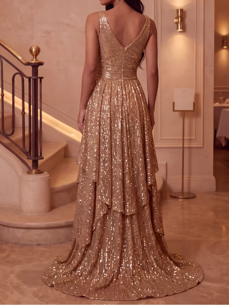 A-Line/Princess V-Neck Sequins Evening Dresses Floor-Length Sleeveless With Split Side Formal Dresses