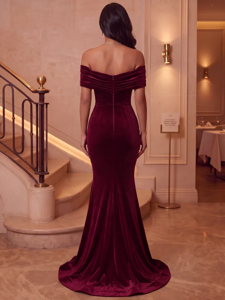Trumpet/Mermaid Off-the-Shoulder Velvet Evening Dresses Floor-Length Sleeveless Formal Dresses With Sweep Train