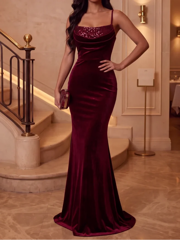 Trumpet/Mermaid Spaghetti Straps Velvet Evening Dresses Floor-Length Sleeveless Sequins Formal Dresses