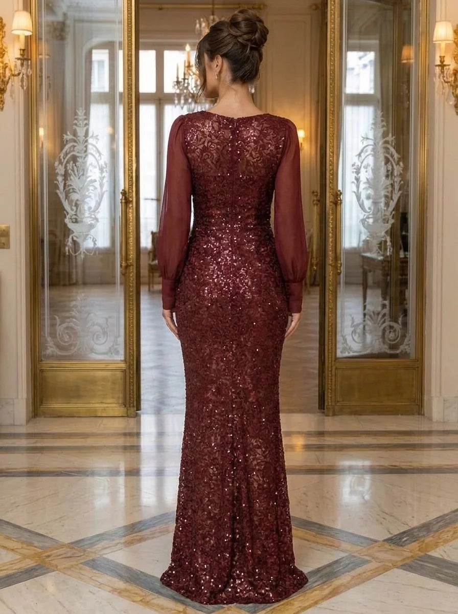 Sheath/Column Scoop Lace Sequins Evening Dresses with Split Side Floor-Length Long Sleeves Formal Dresses