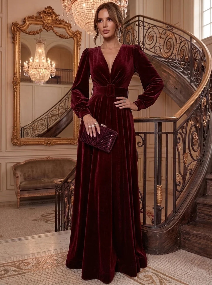 A-Line/Princess V-Neck Velvet Evening Dresses Floor-Length Long Sleeves Belt Formal Dresses