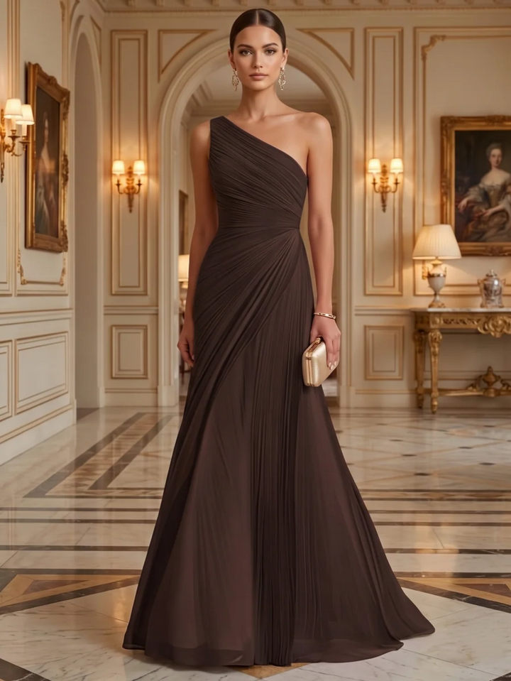 A-Line/Princess Chiffon One-Shoulder Evening Dresses Floor-Length Sleeveless Ruched Formal Dresses