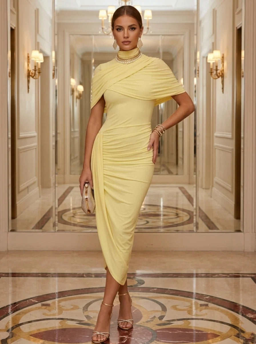 Sheath/Column Mock Neck Elastic Chiffon Cocktail Dresses Asymmetrical Tea-Length Ruched Cape Sleeves Party Dresses