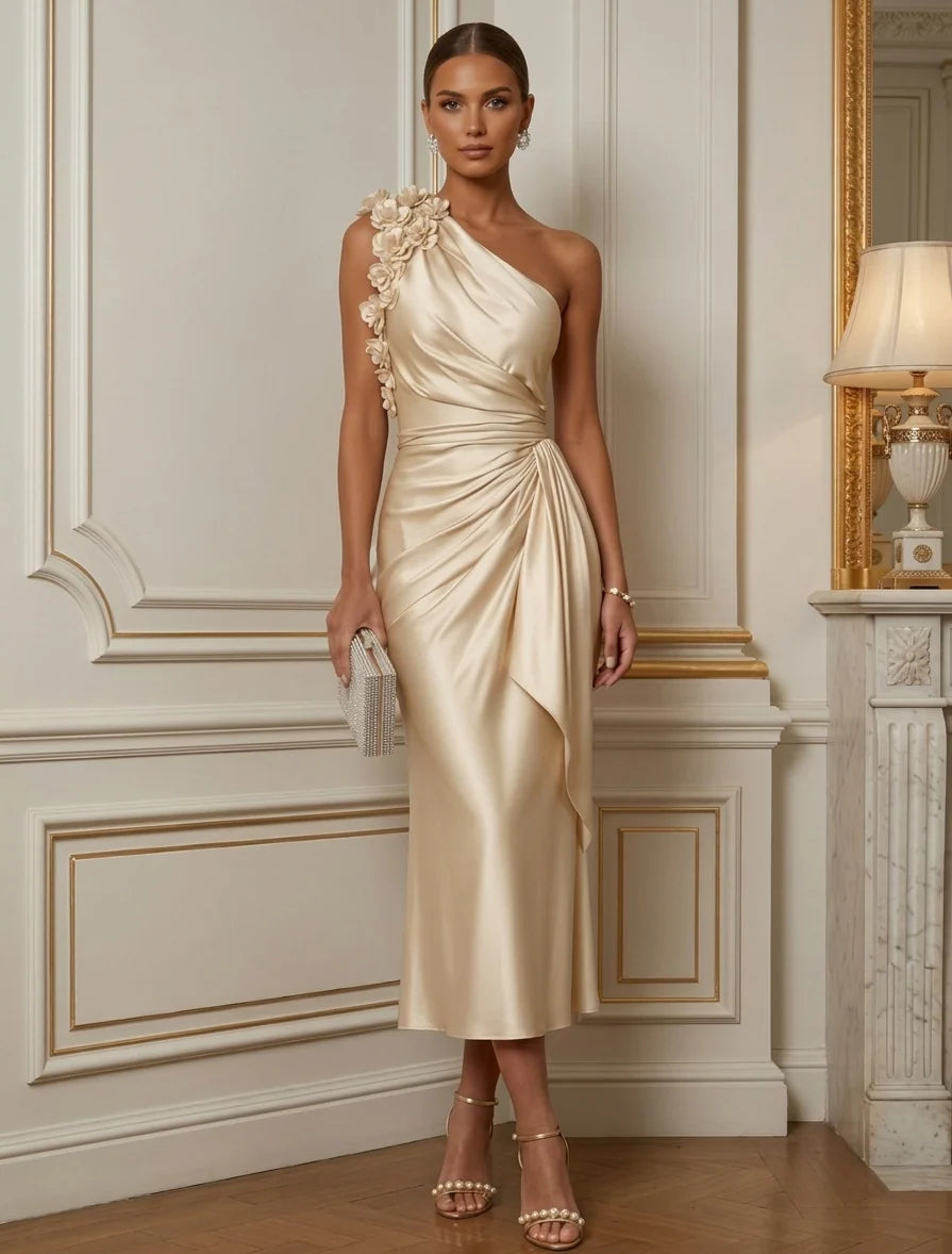 Sheath/Column One-Shoulder Silk Satin Cocktail Dresses with 3D Flowers Sleeveless Tea-Length Ruffles Party Dresses
