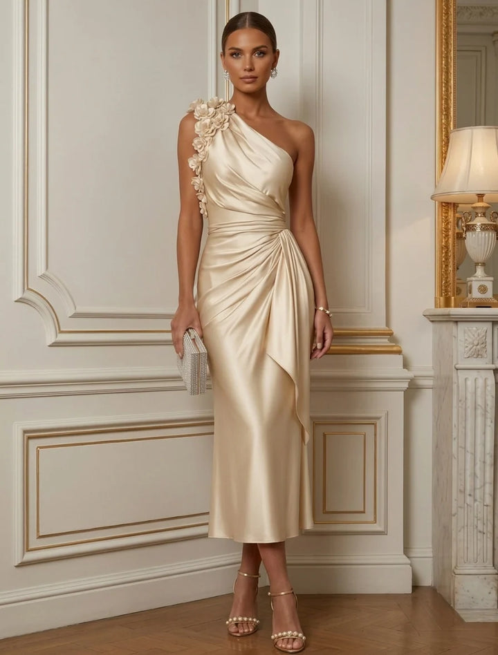 Sheath/Column One-Shoulder Silk Satin Cocktail Dresses with 3D Flowers Sleeveless Tea-Length Ruffles Party Dresses