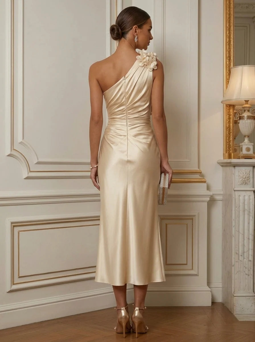 Sheath/Column One-Shoulder Silk Satin Cocktail Dresses with 3D Flowers Sleeveless Tea-Length Ruffles Party Dresses