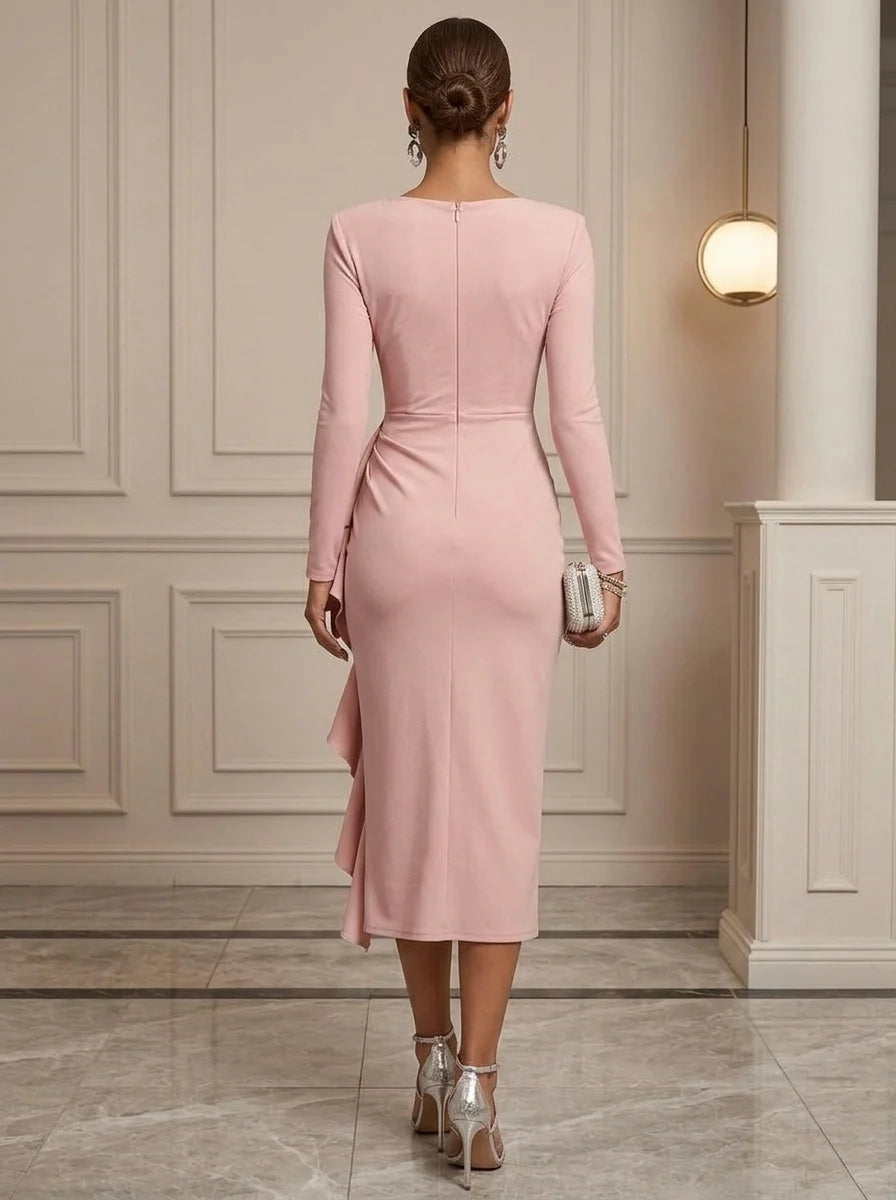Sheath/Column V-Neck Stretch Satin Cocktail Dresses Long Sleeves Tea-Length Ruffles Party Dresses