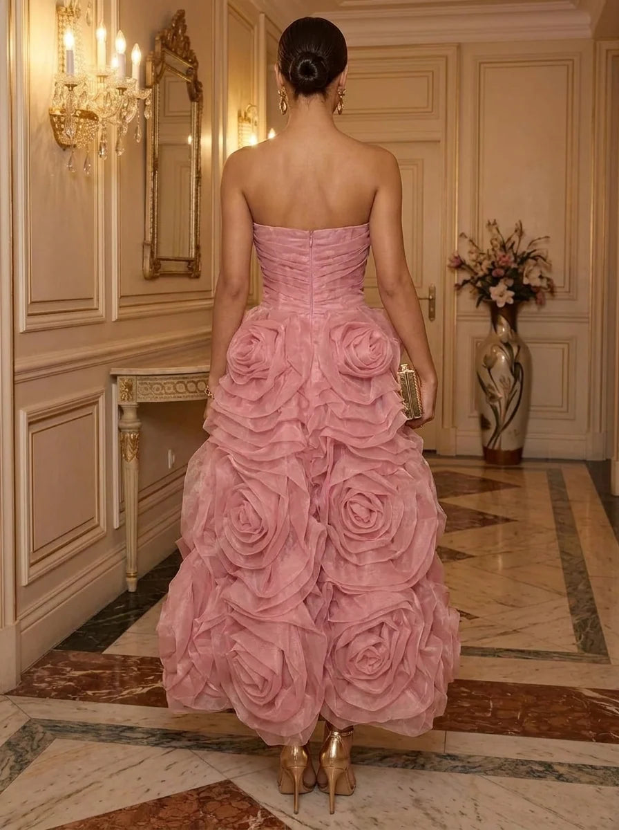 A-Line/Princess Strapless Organza Cocktail Dresses 3D Flowers Sleeveless Ankle-Length Party Dresses