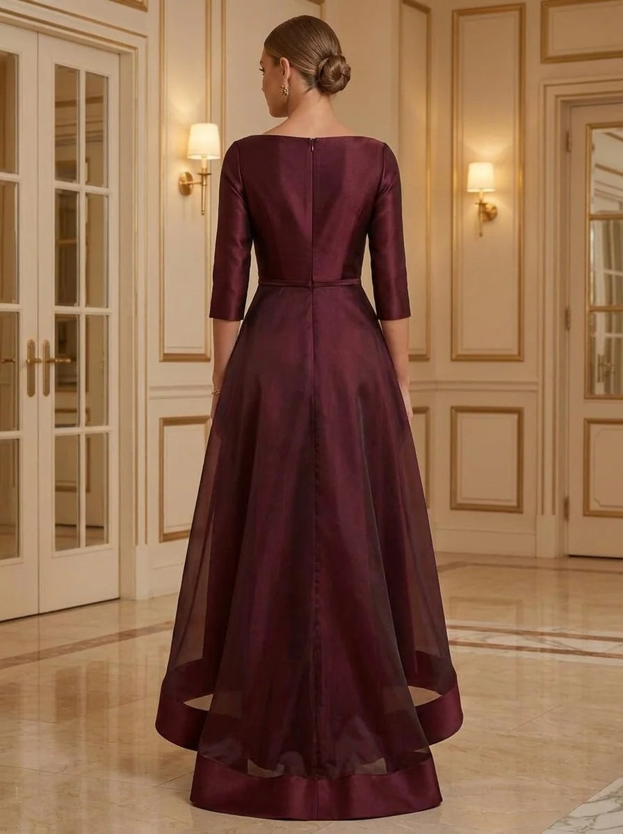 A-Line/Princess Scoop Satin Cocktail Dresses Organza 3/4 Sleeves Asymmetrical Floor-Length Party Dresses