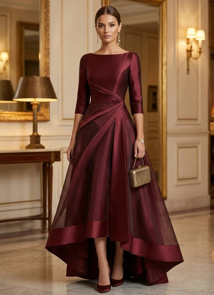 A-Line/Princess Scoop Satin Cocktail Dresses Organza 3/4 Sleeves Asymmetrical Floor-Length Party Dresses