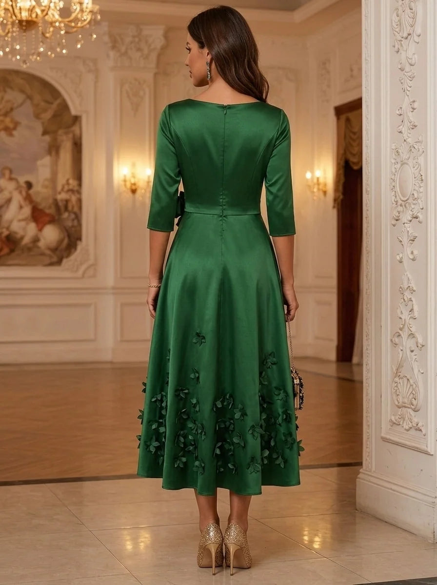 A-Line/Princess V-Neck Satin Cocktail Dresses with 3D Flowers 3/4 Sleeves Tea-Length Party Dresses