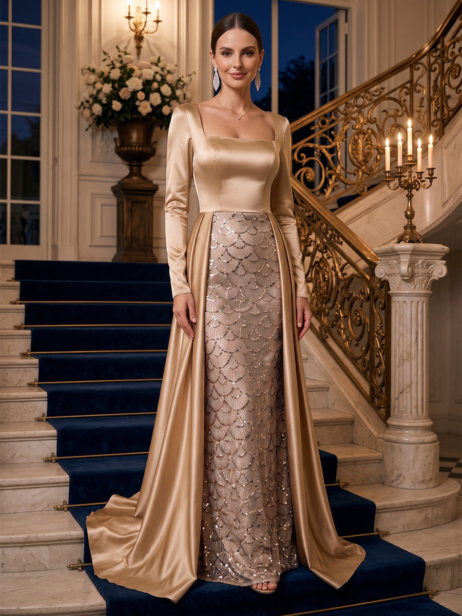 A-Line/Princess Square Collar Satin Evening Dresses with Overskirt Sequins Floor-Length Long Sleeves Formal Dresses