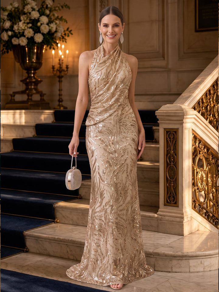 Trumpet/Mermaid Halter Sequins Evening Dresses Floor-Length Sleeveless Ruched Formal Dresses