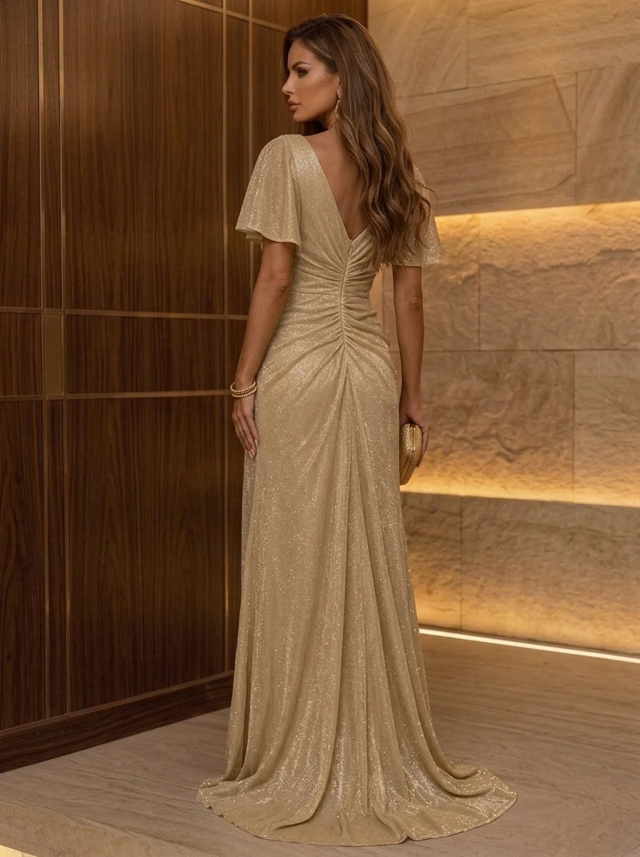 A-Line/Princess V-Neck Evening Dresses with Split Side Shimmer Jersey 3D Flowers Floor-Length Short Sleeves Formal Dresses