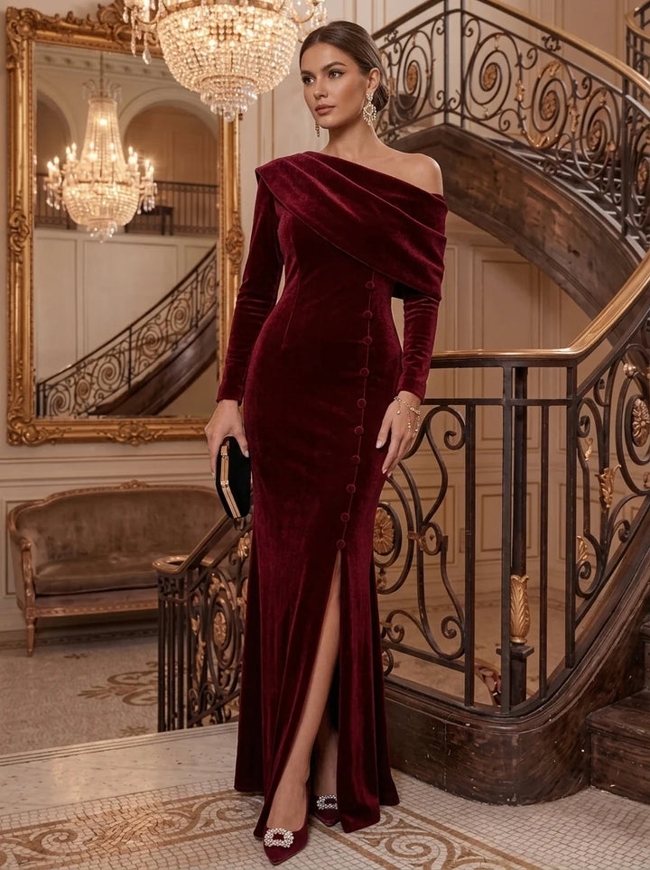 Sheath/Column One-Shoulder Velvet Evening Dresses with Split Side Floor-Length Long Sleeves Formal Dresses