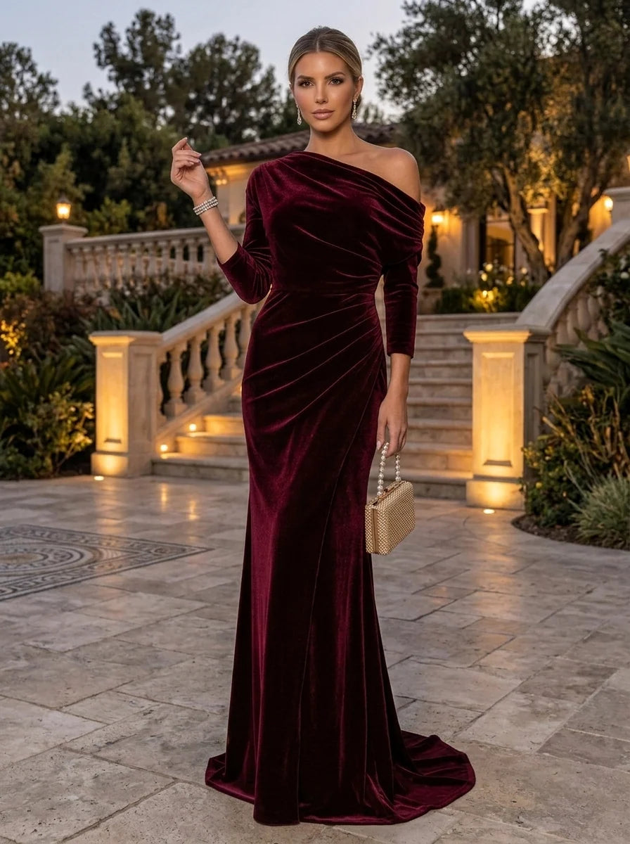 Trumpet/Mermaid One-Shoulder Velvet Evening Dresses Floor-Length 3/4 Sleeves Formal Dresses