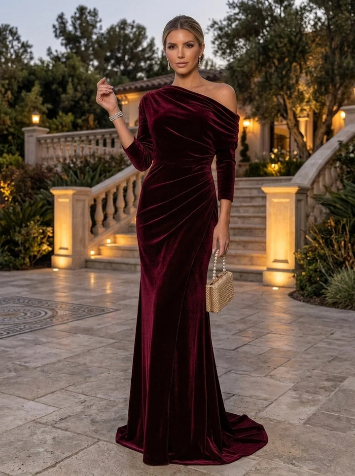 Trumpet/Mermaid One-Shoulder Velvet Evening Dresses Floor-Length 3/4 Sleeves Formal Dresses