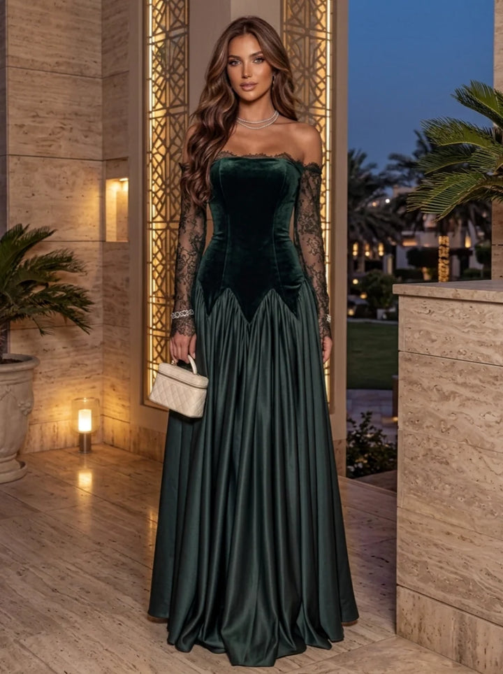 A-Line/Princess Off-the-Shoulder Satin Evening Dresses Velvet Floor-Length Long Sleeves Lace Floral Formal Dresses
