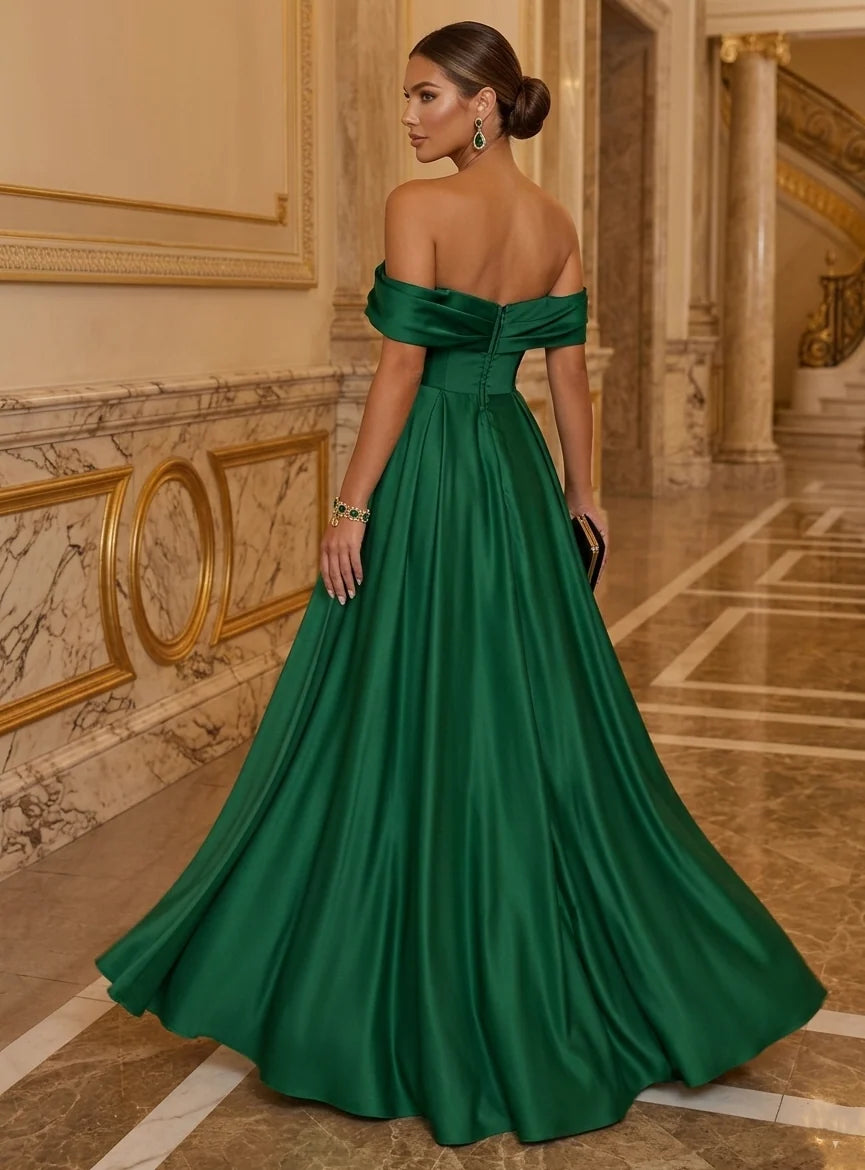 A-Line/Princess Off-the-Shoulder Satin Evening Dresses Floor-Length Sleeveless Ruched Formal Dresses