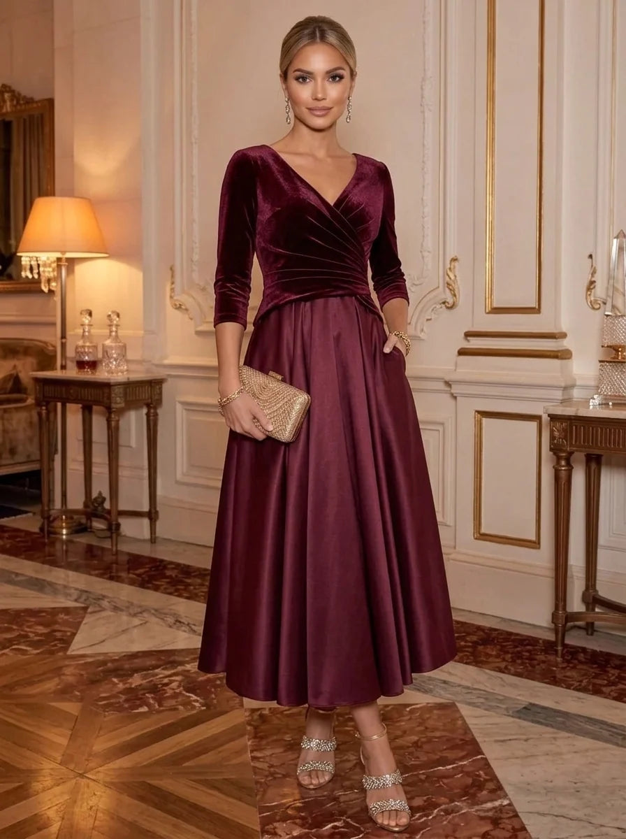 A-Line/Princess V-Neck Velvet Cocktail Dresses Satin 3/4 Sleeves Ankle-Length Ruched Party Dresses