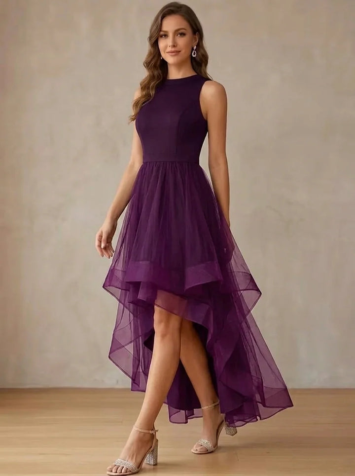 A-Line/Princess Jewel Neck Stretch Satin Cocktail Dresses Tulle Ruffles Sleeveless Asymmetrical Ankle-Length Party Dresses